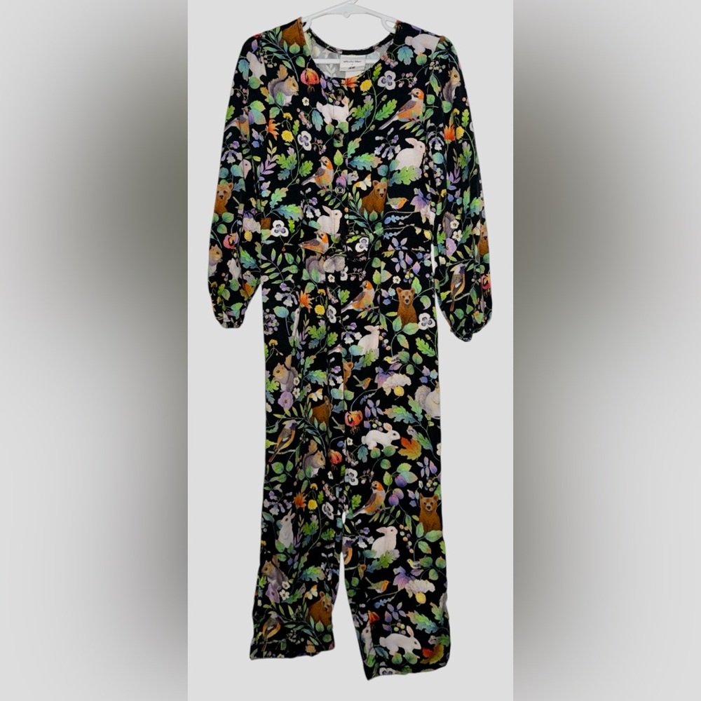 H&M Whooli Chen Girls Jumpsuit Forest Animal Rabbit Button Tie Sz 6 Kids Romper